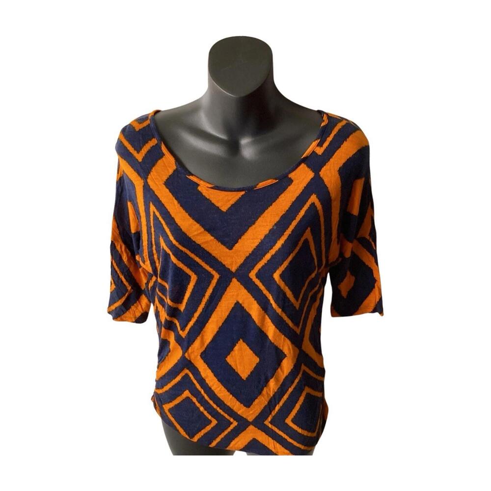 Women’s Flair Geometric Print 3/4 Sleeve Top — Navy & Orange Size M